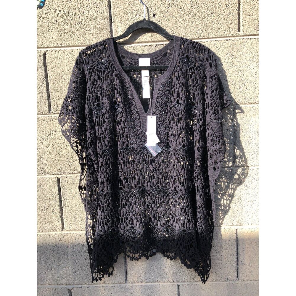 NWT Chicos Bianca Paula Poncho Black Cotton Crochet Sequin Cape Top Size S/M